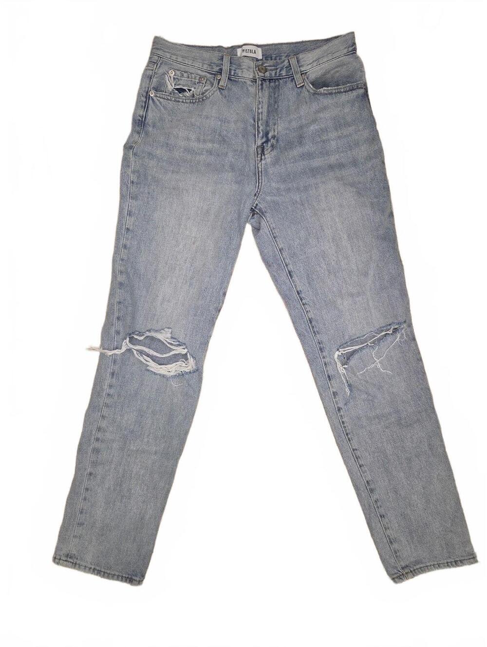 Pistola Light Wash Distressed Knee Relaxed Straight Denim Jeans Womens Size 27